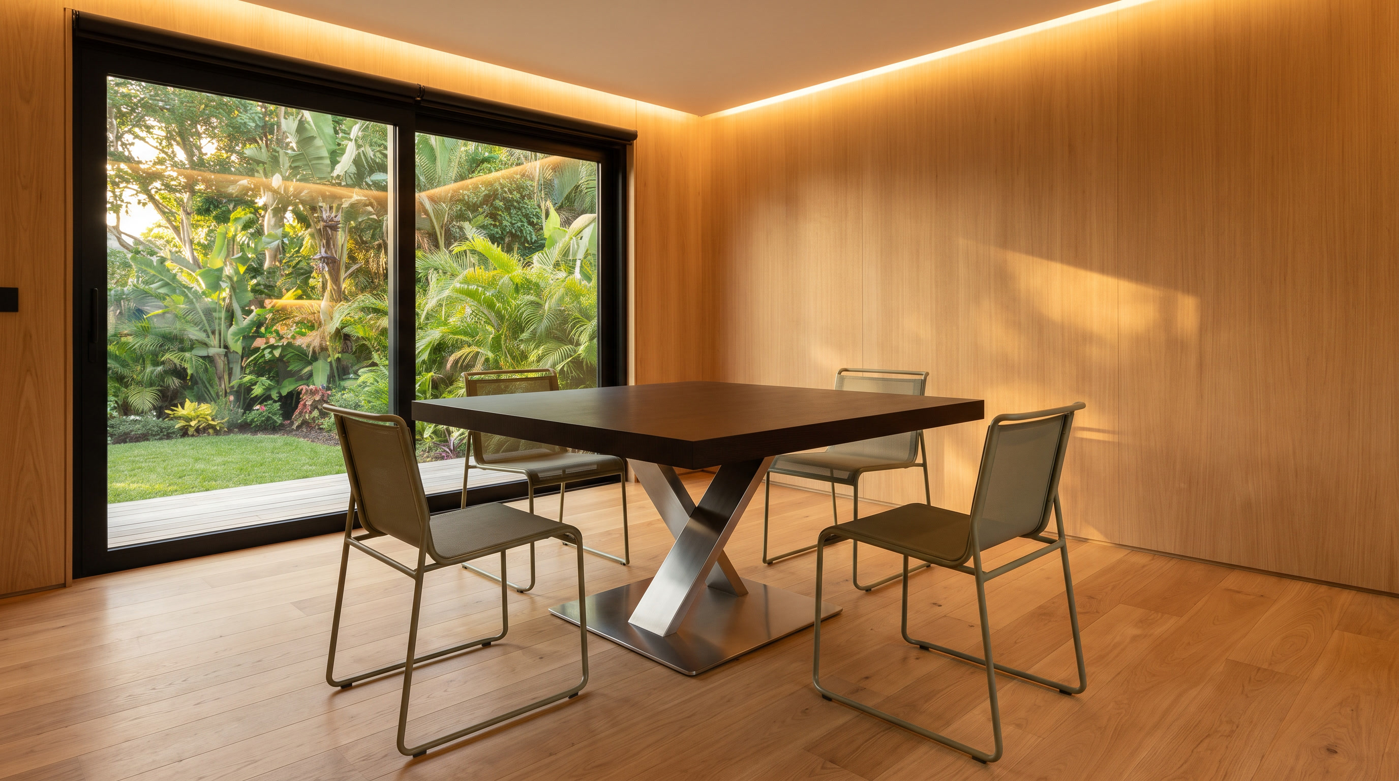 Estudo conceitual de interior em madeira com mesa voltada para a paisagem